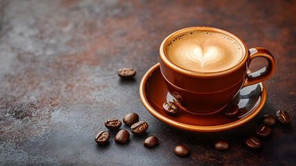 Freshly brewed coffee in brown cup with heart latte art, coffee bean on rustic table, warm and inviting morning mood