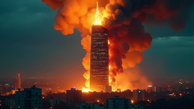 A skyscraper ablaze in the midst of urban chaos, potential for dramatic scene or crisis response imagery