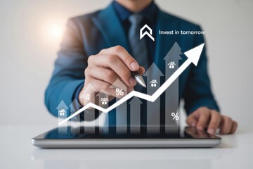 Investment Growth Chart on Tablet with Businessman Analyzing Market Trends for Future Success and Smart Investment Strategies for Financial Planning