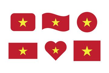 Set of Vietnam national flags isolated. Vietnam flags set in square, circle, waving flag and heart shape icons various designs element. Vietnam flags collection different style. Vector illustration.