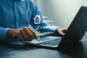 Online Home Inspection Concept Man Using Laptop to Assess Property with Digital Checklist and Green Checkmarks for Evaluation