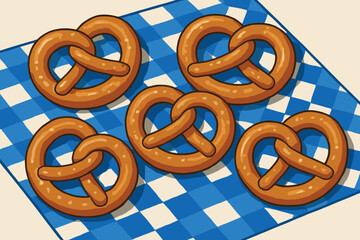 Fototapeta premium Bavarian picnic pretzel delight vector | authentic oktoberfest snack on checkered cloth