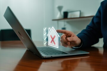 Online Home Inspection Rejection on Laptop Screen with Checkmarks and Red Cross Sign Indicating Property Problem or Home Renovation Failure