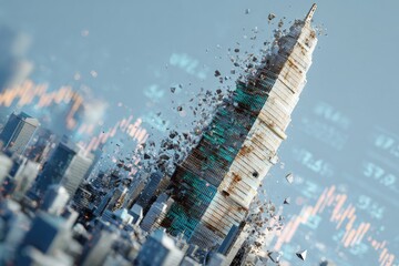 A futuristic cityscape with a collapsing skyscraper