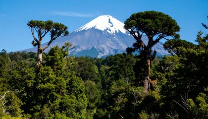 Snowy volcano, lush forest
