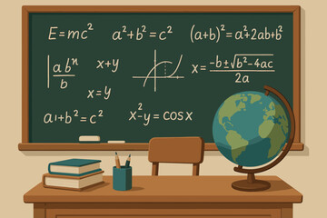 Classroom environment vector with blackboard, math equations, and globe for educational use