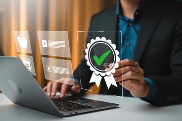 Professional demonstrates quality assurance through digital interface on laptop highlighting commitment to excellence and customer satisfaction in business operations with advanced technology