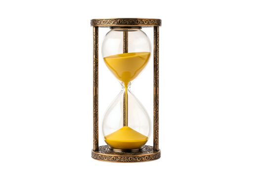 Ornate antique hourglass with golden sand against a black backdrop displays the passage of time. - Powered by Adobe