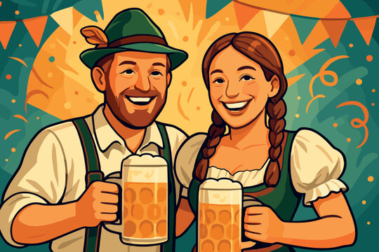 Bavarian celebration vector: friends in traditional attire, oktoberfest cheers, festive vibes