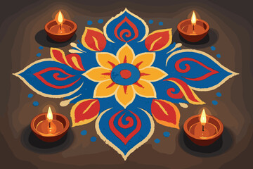 Vibrant rangoli design for diwali celebrations: colorful patterns and traditional decor vector