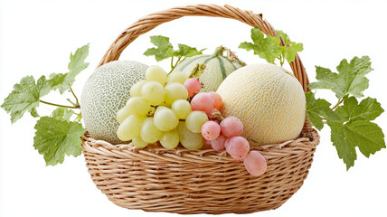 Fresh melons and grapes arranged in wicker basket with green leaves, showcasing colorful and healthy fruit display. image highlights natural produce with vibrant colors and textures