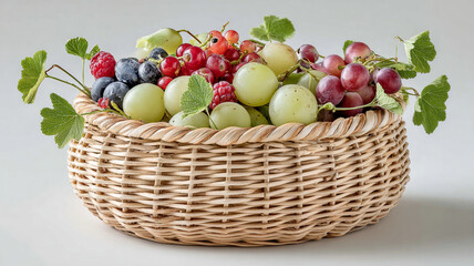 Fresh grapes, berries, and leaves in woven basket, vibrant and colorful, evoke sense of freshness and natural beauty, perfect for healthy eating or summer fruit display