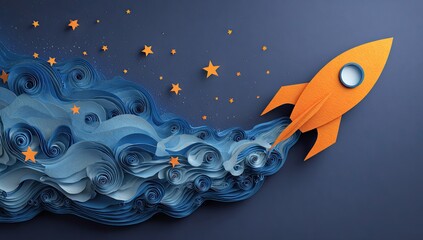 Orange rocket ship soaring through swirling, layered paper clouds against a navy background dotted with stars