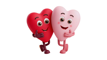 Happy heart characters walking together Valentine's Day love romance animation 3D render