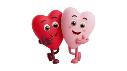Happy heart characters walking together Valentine's Day love romance animation 3D render