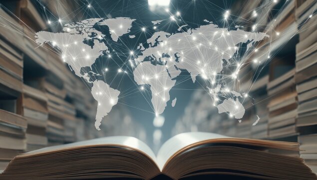 Open book with global network overlay - Powered by Adobe