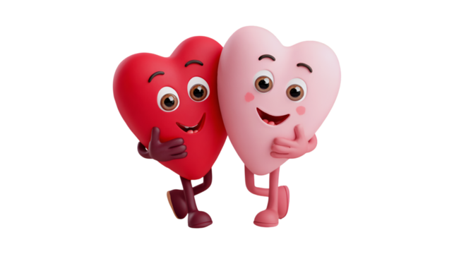 Happy heart characters walking together Valentine's Day love romance animation 3D render