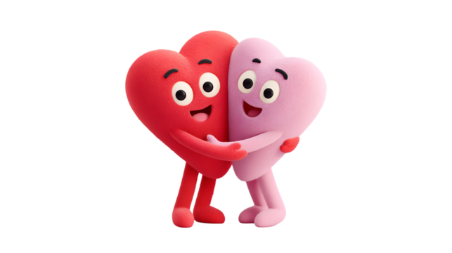 Happy heart characters hugging showing love and friendship