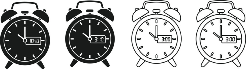 PrintSet of Vintage Alarm Clock Icons with Digital Time Display in Black and White Style for Time Management and Design Concepts