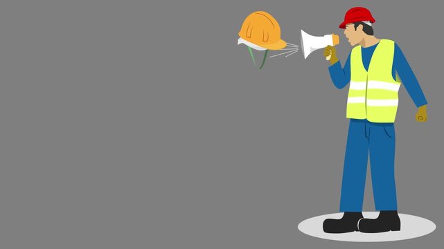Animated flat vector footage of a safety officer reminding workers about the mandatory use of personal protective equipment (PPE): a helmet, gloves, safety glasses, safety shoes, and a work vest.