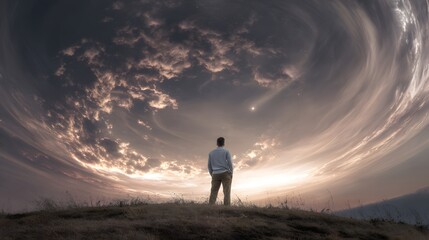 Obraz premium Man Stands on Hill Gazing at Dramatic Spiral Clouds