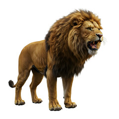 Obraz premium Majestic Lion Roaring with Open Mouth and Visible Teeth, Powerful Predator in Full View - Isolated on Isolated Background