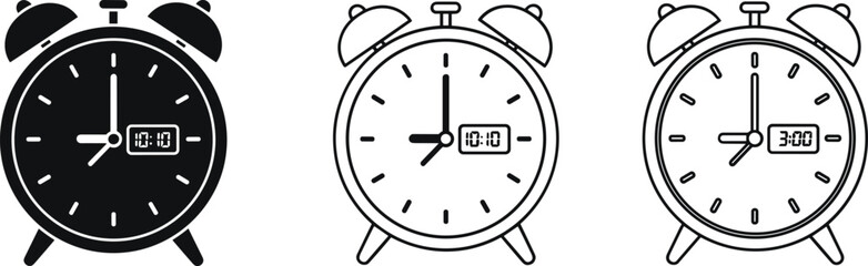 PrintSet of vintage alarm clock vector illustrations, retro design, black and white style, classic timepieces with bells, old-fashioned wake-up concept