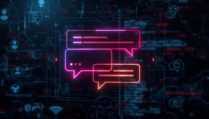 Neon chat bubbles on a dark digital background, symbolizing online communication.