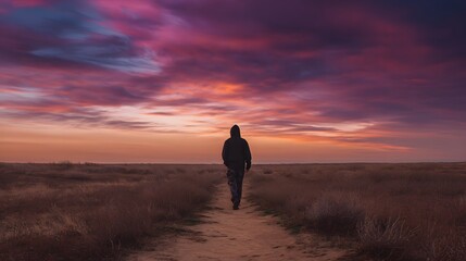 Fototapeta premium Lone Male Traveler on Dirt Path in Vivid Twilight