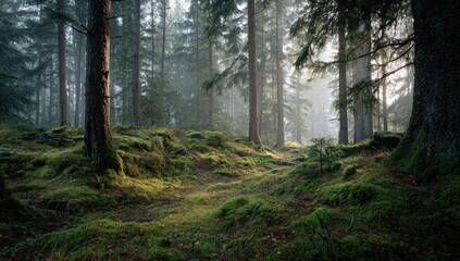 Obraz premium Misty forest floor bathed in sunlight