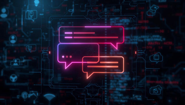 Neon chat bubbles on a dark digital background, symbolizing online communication.