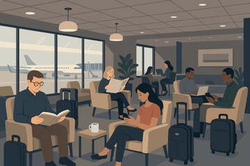 Fototapeta premium Modern airport lounge design | relaxed atmosphere, passengers, comfort, interiors | vector