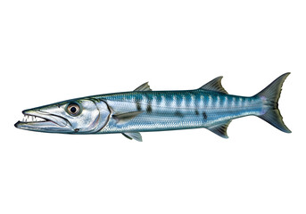 A detailed profile view of a barracuda-like fish, exhibiting its sleek, silver-blue scales and distinctive patterns against a stark black background.