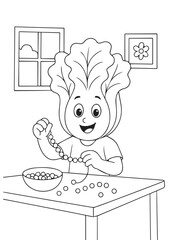 coloring book lettuce making a bead necklace at a table.