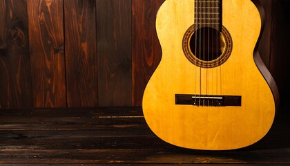 Acoustic guitar against a dark wooden wall