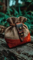 Small, tan and orange fabric pouch with leather accents