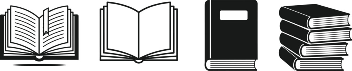 PrintVector icons of open books, closed book, stacked books, reading symbols, education, knowledge, literature, study, learning, library, book collection.