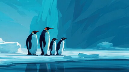 Obraz premium A group of penguins stands on a frozen landscape.