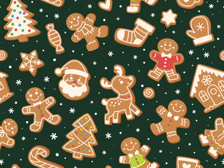 Seamless Christmas pattern with gingerbread cookies in the form of men, houses, socks, Santa, deer. Cartoon holiday background with gingerbread cookies and snowflakes.