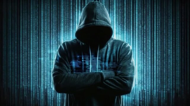 Mysterious Figure in Hoodie Against Digital Code Background Representing Cybersecurity and Data Protection Concept 4k video footage