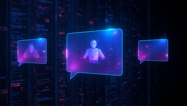 Futuristic digital communication with AI holograms in speech bubbles on a cyber network.