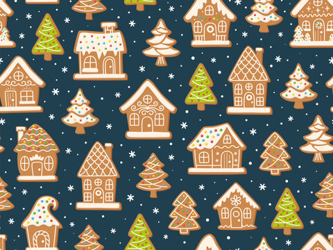 Seamless Christmas pattern with gingerbread houses, Christmas trees and snowflakes. Cartoon holiday background with gingerbread cookies. Vector print for holiday decoration and wrapping paper.
