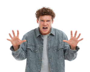 Angry young man expressing emotions in isolated on transparent background