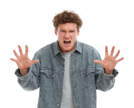 Angry young man expressing emotions in isolated on transparent background - Powered by Adobe