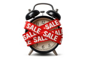 Vintage alarm clock wrapped with red sale ribbons on transparent background