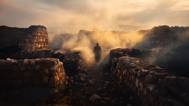 Man in Rugged Clothing Stands Alone in Burnt Labyrinth