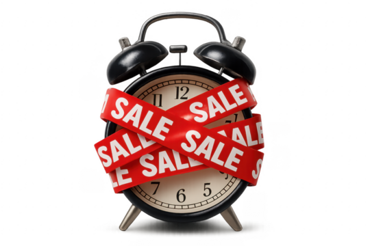 Vintage alarm clock wrapped with red sale ribbons on transparent background