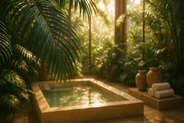 Fototapeta premium Tropical spa sanctuary with rain-kissed palm fronds and natural healing environment
