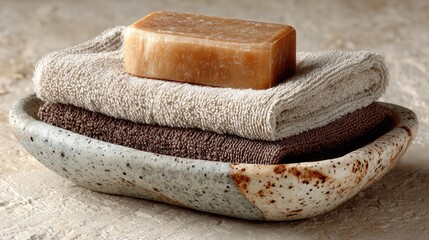 Stacked towels and soap bar in a ceramic dish