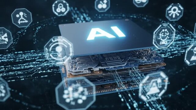 AI microprocessor. The central chip is illuminated amidst a digital environment of binary code and light, symbolizing the power of artificial intelligence. - Powered by Adobe